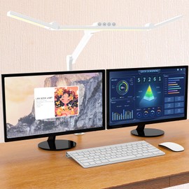 Micomlan Led Desk Lamp for Home Office, White Architect Desk Lamp with Clamp for Crafting, 24W Bright Rotatable Led Table Light Stepless Dimming Tempering Wide Computer Light with Atmosphere Lighting