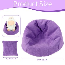 Lyreh Mini Bean Bag Chair for Dolls Seat, Purple Soft Mini Sofa with Pillow, Doll Display Couch Miniature Furniture Cute Bed Table Decor for Home Office Desk Shelf Car Dashboard Accessories