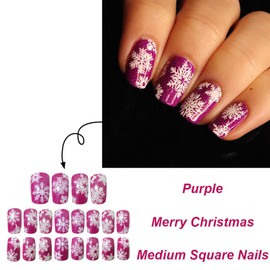 Christmas Press on Nails Medium Square Fake Nails With Snowflake Designs Xmas Purple False Nails Glossy Full Cover Stick on Nails Acrylic Winter Artificial Nails for Women Glue on Nails 24 Pcs
