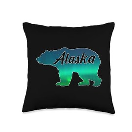 Alaska Bear Northern Lights by SRD Alaska Bear Northern Lights Aurora Borealis Nature Sky Women Throw Pillow, 16x16, Multicolor