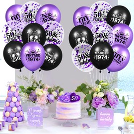 50th Birthday Balloons for Women 18Pcs Purple Vintage 1974 Birthday Party Decorations Balloons Purple Happy 50th Birthday Confetti Latex Balloons for 50th Birthday Anniversary Party Supplies 12 Inch