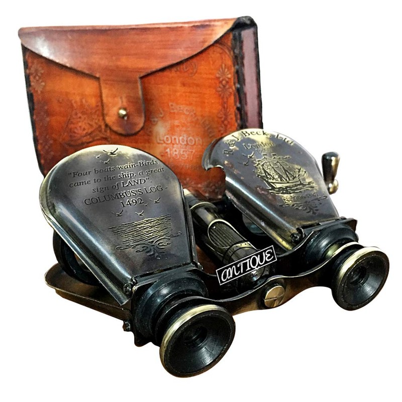 Double Lance Binoculars/Monocular Solid Antique Brass Telescope With Leather Case