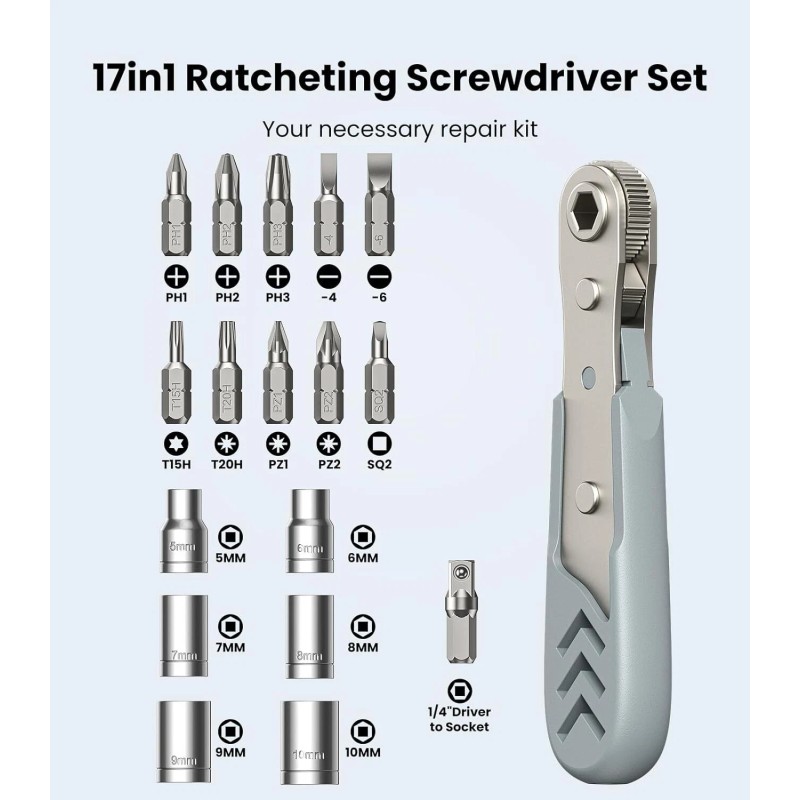 AXTH 17in1 Right Angle Ratcheting Screwdriver Set, [Bearing Steel] 36-Tooth