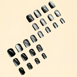 Black Cat Eye Nails Press ons Square Press on Nails Short Fake Nails with Discoloration Glitter Design Glue on Nails Glossy Acrylic False Nails Artificial Stick on Nails for Women Girls 24Pcs