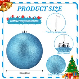 Zubebe 4 Pcs Extra Large Christmas Ball Ornaments 8'' (200 Mm) Giant Oversized Plastic Xmas Ball Big Hanging Christmas Tree Ornaments for Holiday Party Outdoor Decor(Glitter Light Blue)