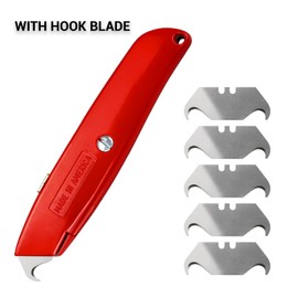 Canopus Heavy Duty Utility Knife with Utility and Hook Blades, All Metal Retractable Box Cutter, Carpet Knife, Shingle Cutter Roofing Knife, Combo Pack, Red, Made in USA