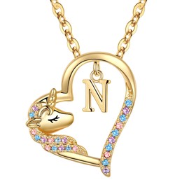 Anoup Unicorn Gifts for Girls, Unicorn Necklace for Girls Initial N Gold Necklaces for Teen Girls Unicorn Jewelry Gifts for Girls Birthday Gifts for Girls Jewelry for Girls Heart Necklace