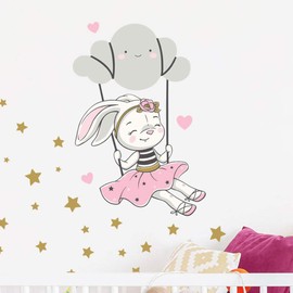 Wall Stickers for Children – Baby Room Decoration – Wall Stickers – Rabbit on Cloud + 100 Stars – Wall Sticker – H45 x L30 cm
