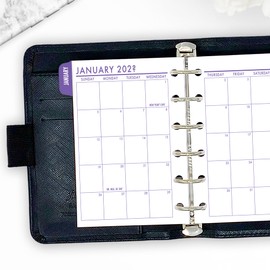 Pocket Amethyst Twilight Month on 2 Pages Tabbed Calendar Refill, 3.2 x 4.7, Sunday Start, Ring Binder Planner Insert, Dated Monthly View, Dark Purple Full Color Print, Choose 12 Months