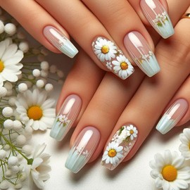TBRZTR Flower Press on Nails Long Ballet Shaped Full Cover Glossy French Stick on Nail Floral White Daisy Pattern Design Spring False Nail Reusable Artificial Press Ons Glue on Nails for Women 24Pcs