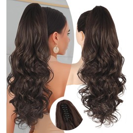 N NAYASA Dark Chocolate Brown Ponytail Extension, 24" Long Curly Wavy Claw Clip in Ponytail Hair Extensions, Jaw Clip on Pony Tails Fluffy Hairpiece for Women Daily Party Use