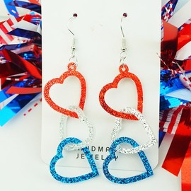 2024 4th of July American Patriotic Acrylic Earrings for Women Glitter Red White and Blue Tiered Triple Serial Heart Dangle Earrings Independence Memorial Day Gifts-Heart A