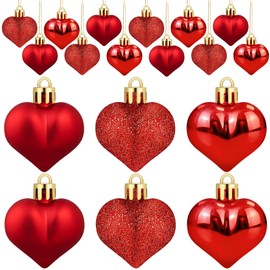 24 PCS Heart Shaped Ornament for Christmas Tree Red Heart Hanging Ornament Multi Finish Hearts Plastic Baubles Xmas Tree Hanging Decoration for Valentines Mother's Day Wedding Anniversary Party Decor