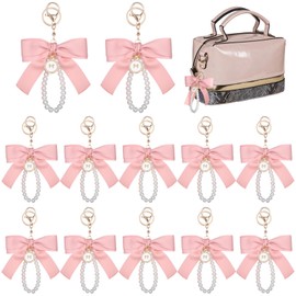 Homaisson 12 PCS Pink Bow Keychains, Coquette Keychains with Pearl Decoration, Cheer Bow Keychain, Pink Fabric Bow Zinc Alloy Keychain Bulk for Bags, Keys, Accessories