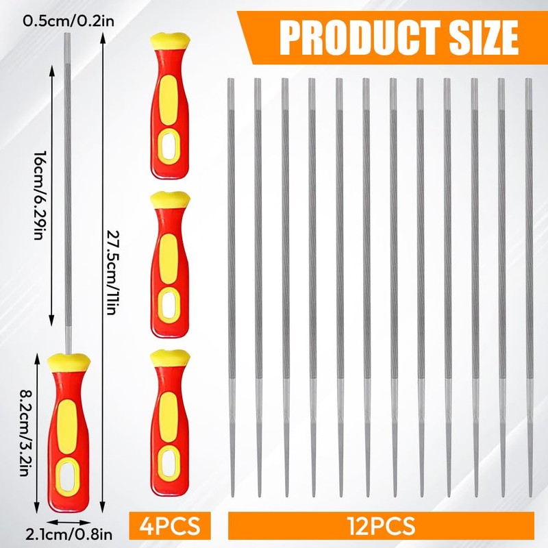 Pack of 12 Round Files for Chainsaws, with 4 Handles,