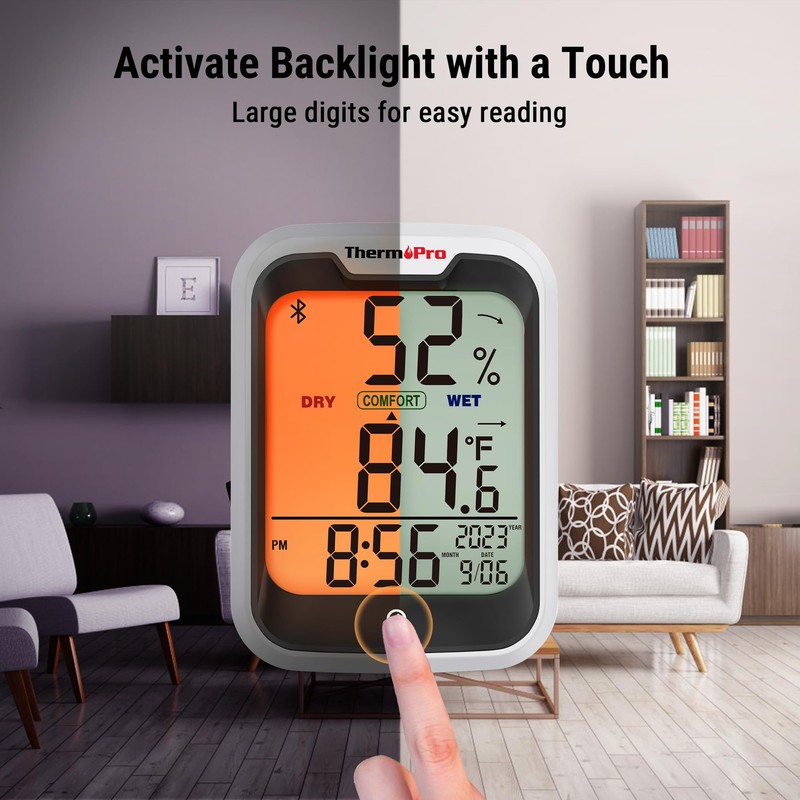 ThermoPro TP358 Bluetooth Thermometer for Room Temperature with Built-in Clock,