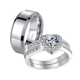 MABELLA His Hers 3 Pcs Stainless Steel Matching Band Women Heart Cut Sterling Silver Wedding Engagement Ring Set Women's Size 5 Men's Size 9