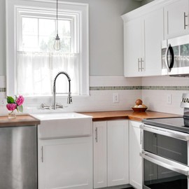 DEMIINUS Wall Mount Kitchen Faucet, 8 Inch Center Commercial Wall Mount Kitchen Sink Faucet with Pull Down Sprayer, 2 Handle Wall Mount Faucet for Kitchen Sink, Brushed Nickel