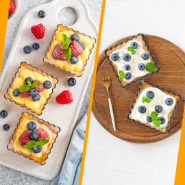 Quyimy Mini Tart Pans Square 4 Inch 6Pcs with Removable Bottom, Nonstick Quiche Pan Mini Pie Pans with Oil Brush&Silicone Scrubber, Tart Pan with Fluted Side, Quiche Bakeware for Oven