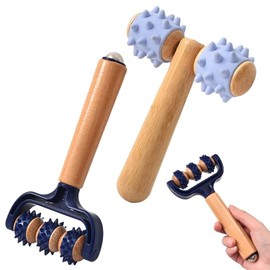 Massage Roller with Handle, Pack of 3 Massage Roller with Hedgehog Ball, Massage Ball, Self-Massage Roller, Massager Tools for Legs, Back, Arms, Shoulders, Muscle Pain (Wood Colour 3)