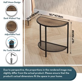 SAYGOER Side Tables Small End Tables Half Round Moon Night Stand for Living Bed Room 2 Tier Couch Tables with Black Metal Storage Shelf Adjustable Feet, Boho Dark Walnut