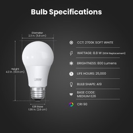 Feit Electric A19 LED Light Bulbs, 60W Equivalent, Dimmable, E26 Standard Base, 90 CRI, 800 Lumens, 2700K Soft White, 120V, 22 Years Lifetime, Damp Rated, 8 Pack, OM60DM/927CA/8
