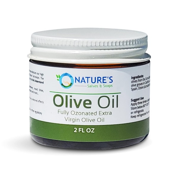 Nature's Salves and Soaps Fully Ozonated 100% Organic Cold Pressed Extra Virgin Olive Oil. Holistic, Homeopathic, Natural, Dental, Skin, Hair - 2 Oz - * Glass Jar *