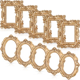 Leinuosen 10 Pcs Mini Gold Frames Vintage Resin Picture Small Antique Gold Tiny Oval Rectangle Baroque DIY Wall Hanging Frames for Home Decor Photo Props, Without Backing