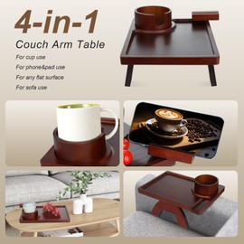 Couch Arm Table Sofa Armrest Tray Clip On Tray Sofa Table for Couches Foldable Couch Armrest Table with 360° Rotated Phone Holder 4 in 1 Sofa Tray for Drinks,Snacks, Phone,Remotes