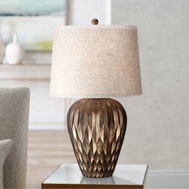 Buckhead Modern Contemporary Table Lamp 28" Tall Bronze Brown Geometric Pattern Urn Tapered Fabric Drum Shade for Living Room Bedroom House Bedside Nightstand Home Office - Possini Euro Design