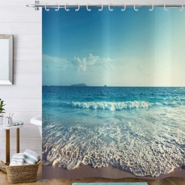 Hnmdmyi Shower Curtain Ocean Beach 180 x 200 cm, Sea Waves Blue Sky Nature Scenery Bath Curtain Waterproof Polyester Fabric Washable Bath Curtain for Bathroom with Hooks