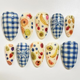 24pcs Fruit Press on Nails Medium Almond Fake Nails with Bow Lemon Banana Cherry Blueberry Strawberry Design Summer False Nails Kit Blue White Lattice Glue on Nails Full Cover Stick on Nails for Women