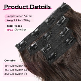REECHO Hair Extensions, 4PCS Clip in Hair Extensions 14" Short Beach Wavy Hair Extensions Invisible Lace Weft Natural Soft Hairpieces for Women – Chocolate Brown