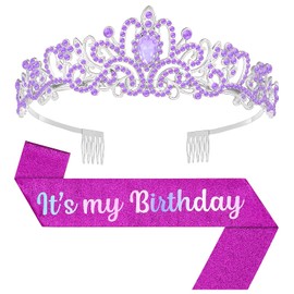 Papoopy Birthday Tiara and Crown with Sash, Birthday Tiara for Women Party (Purple)