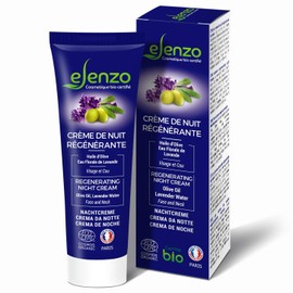 eLenzo • Organic certified night cream • Moisturising cream for face and neck • Olive and shea oil, lavender water • Cosmos Organic by ECOCERT • Made in France • All skin types • 50 ml