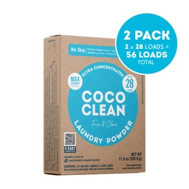 Coco Clean Laundry Max Powder Free & Clear, Made in the USA, Biodegradable Plastic-Free Detergent, Effective Stain Removal Suitable for HE Machines, 2-Pack, 56 Loads Total