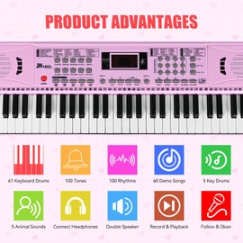 Electric Piano Keyboard, Digital 61 Key Piano Keyboard Kids with Speaker Microphone & Music Sheet Stand, Gift for Children Early Education Beginners, Pink
