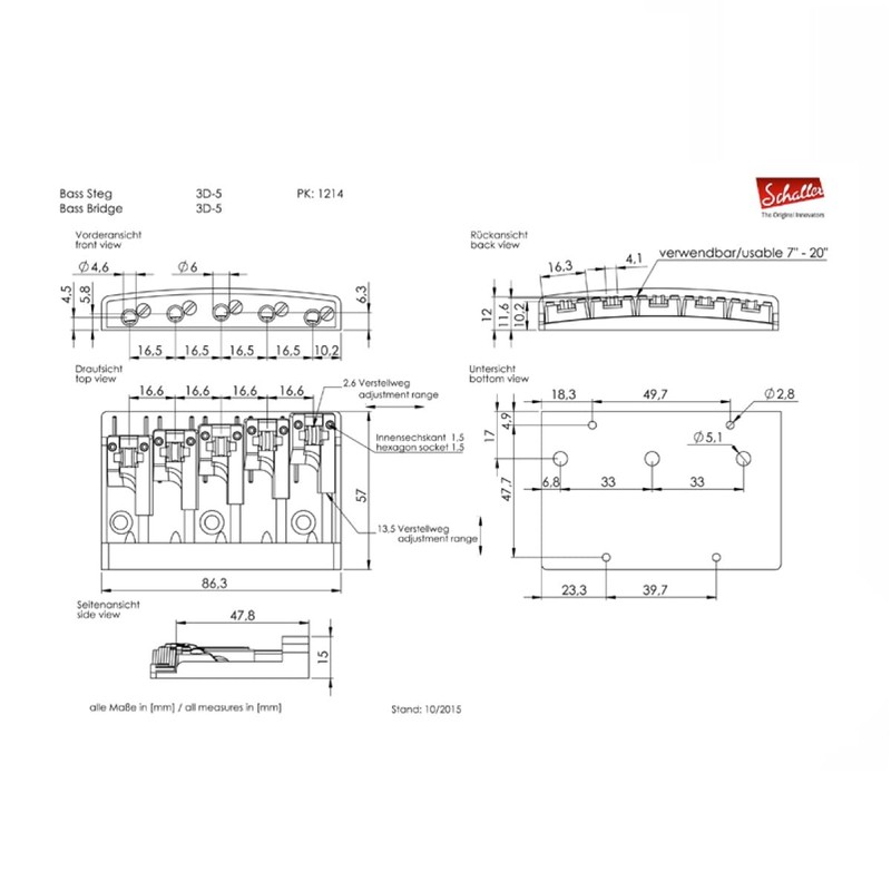 Schaller Bass Bridge Black Chrome 3D5 Model 5 String