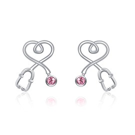 Stethoscope Earrings 925 Sterling Silver Heart Studs Earrings 12 Months Birthstone Crystals from Austria, Graduation Jewelry Gifts for Nurse Doctor RN Medical Student