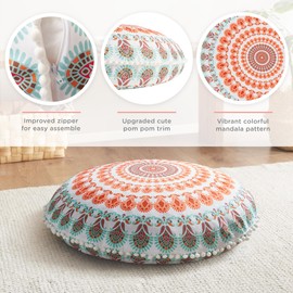 Codi Codi Meditation Floor Pillow, Round Large Pillows Seating for Adults, Bohemian Mandala Circle Cushion for Outdoor Fireplace Yoga Living Room, 32 Inch, Memory Foam Added, Coral