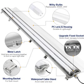 BRILLIHOOD 4Ft LED Vapor Tight Light Fixtures, 48W, 4200LM, 6500K Bright White, Clear Cover, IP65 Waterproof Vapor Proof Lights for Car Wash, Garage, Walk in Freezer, Indoor Outdoor Lighting, 4-Pack