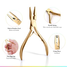 EHDIS Hair Extensions Tools Kit - Stainless Steel Pliers for Hair Apply&Remove Micro Ring Loop and Loop Needle Threader Tool, for Micro Rings Nano Beads Styling Accessories, Gold