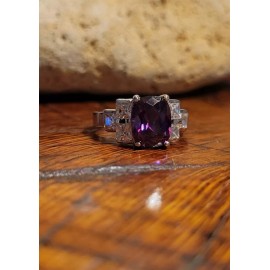 Amethyst Cushion Cut  Lab Created Amethyst Cocktail Ring CZ Accents Stunning Size 5