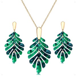 KONFEN Leaf Jewellery Set for Women, Green Leaf Necklace and Earrings Set, Acrylic Leaves Necklace Stud Earrings Costume Jewellery Set for Christmas Festivals for Women Girls (Green), Acrylic, alloy