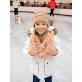 Funky Junque Girls Beanie and Scarf Set Cable Knit Winter Hat, Infinity Scarf & Gloves for Kids Ages 2-9 Indi Pink