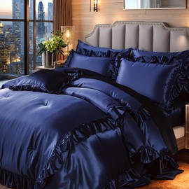 Herside Satin Comforter Set with Sheet Set King Size,8 Pieces Navy Ruffle Comforter Silk Like Satin Bedding Set,Soft Smooth Luxury Silky Quilt Set with 1 Cushion Cover All Season