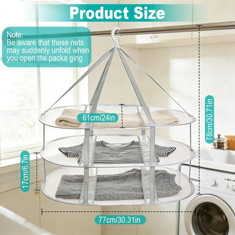 Aiokuo 3-Tier Folding Mesh Clothes Drying Rack, Hanging Sweater Dryer
