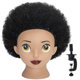 TKIMHEQ 6 Inch Afro Mannequin Head with Synthetic Hair Training Head Manikin Cosmetology Doll Head for Hairdresser Practice Braiding Styling with Clamp Stand Cute Face Big Eyes Black Hair