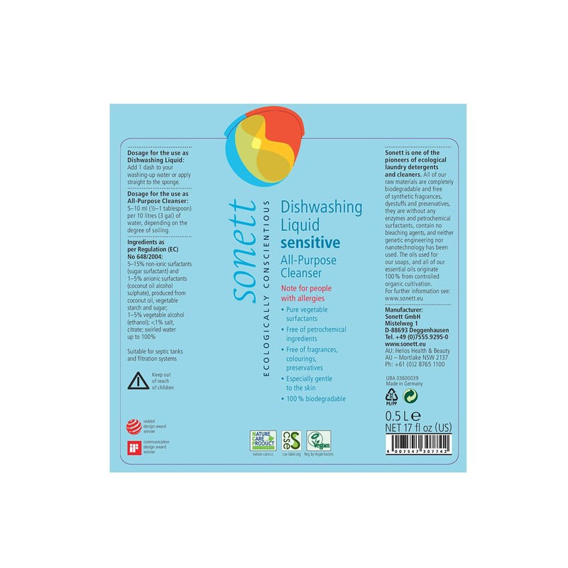 Sonett Organic Dishwashing Liquid, All Purpose Cleaner Sensitive Skin For