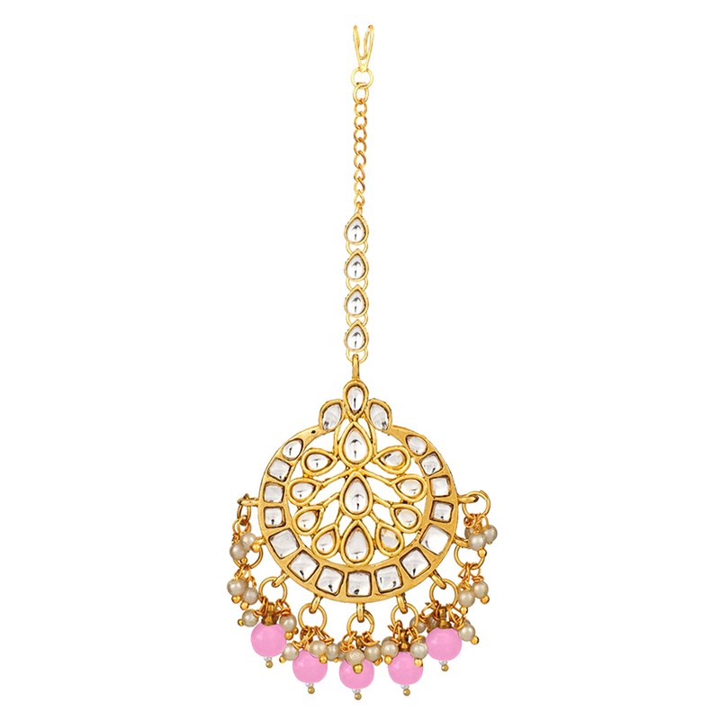 Aheli Exquisite Design Pink Colored Faux Kundan Chandbali Earrings Maang